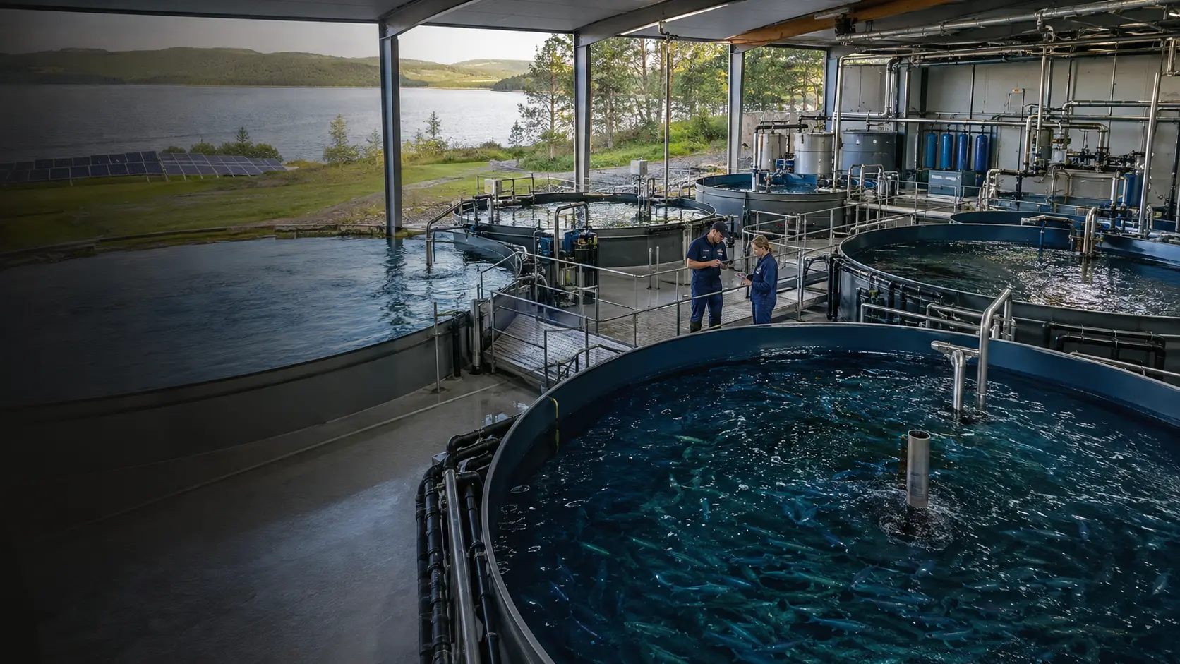 Sustainable land-based aquaculture operation with water-treatment systems