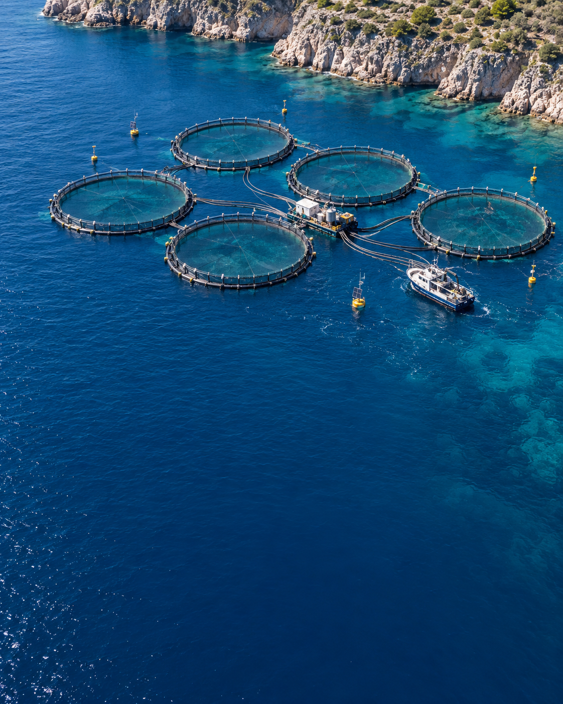 Illustrative aerial view of circular aquaculture pens, a feeding barge and monitoring buoys in clear blue Mediterranean waters beside a rocky coastline.