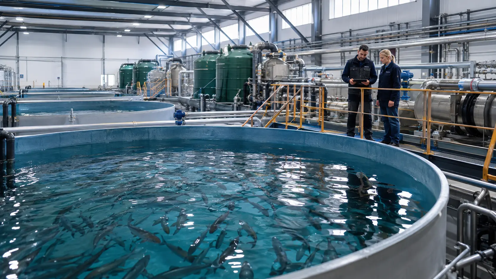 Advanced recirculating aquaculture facility with technical operators monitoring production systems